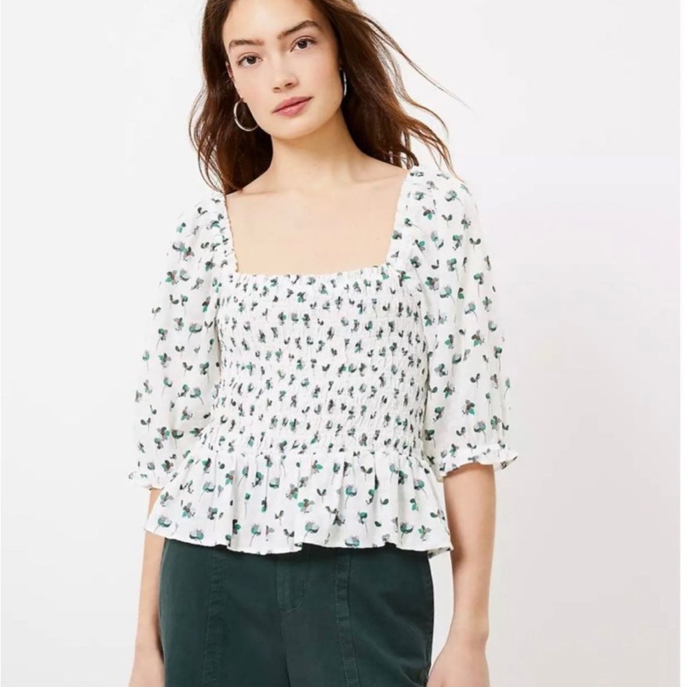 LOFT Floral Smocked Peplum Blouse Size L NWT